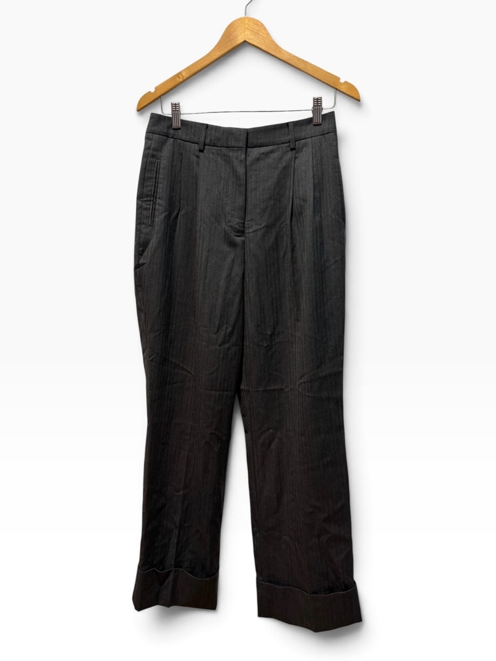 Officine Generale Willow Grey Pinstripe Pants Wide Cuff 100% Wool HighWaist Sz 6